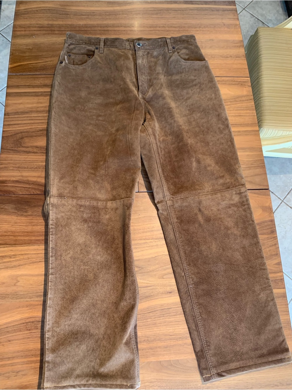 Skotts washable suede women's pant Sz 14, lined, classic jean details, tan.